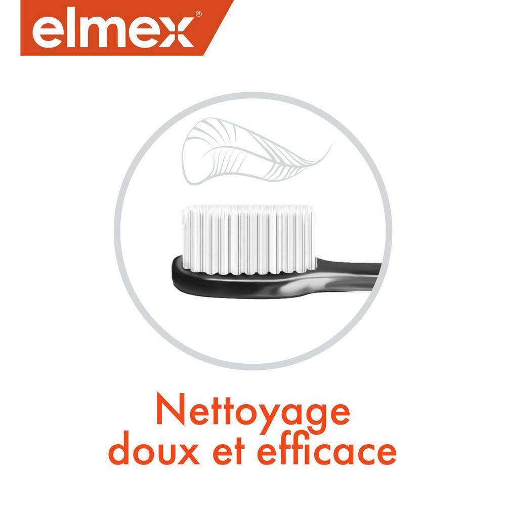 Gros plan de la tête de brosse. Soies blanches, manche noir. Texte: Nettoyage doux et efficace.