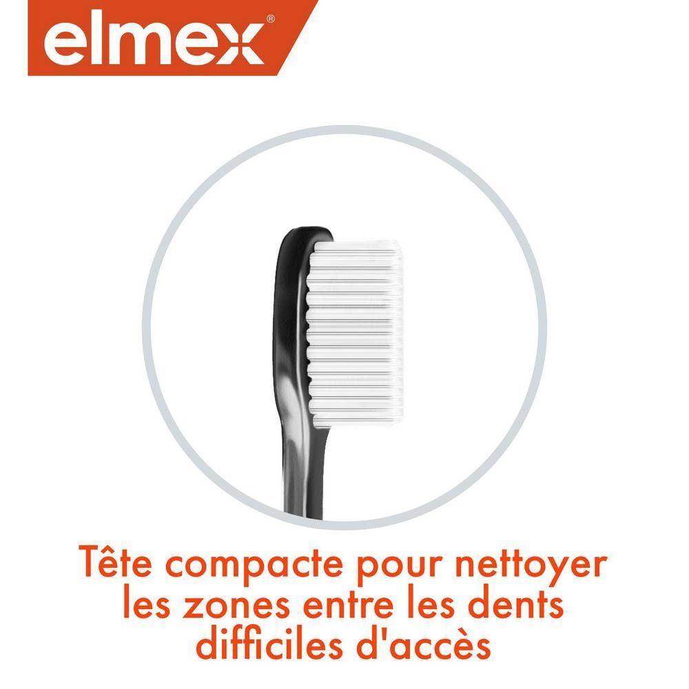 Gros plan de la tête de brosse. Tête compacte, soies blanches, manche noir. Texte: Tête compacte.