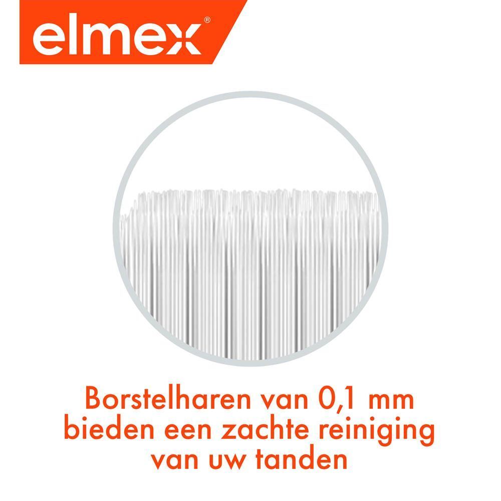 Close-up van de borstelharen. Witte borstelharen, tekst: Borstelharen van 0,1 mm.