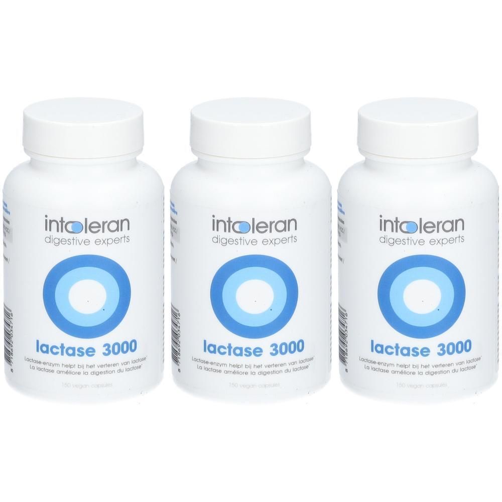 Trois flacons blancs avec étiquette bleue. L'étiquette indique "intoleran digestive experts" et "lactase 3000".