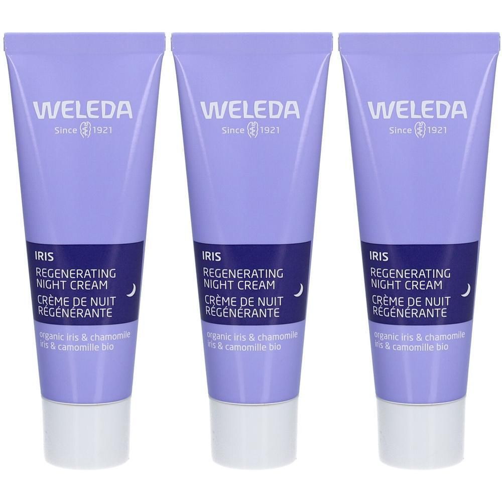 Drie tubes Weleda Iris Regenerating Night Cream. Paarse tubes met witte dop. Tekst: Iris, Crème de Nuit Régénérante, organic iris & chamomile.