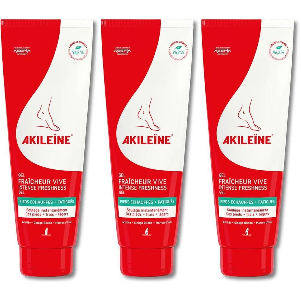 Drie tubes met rood en wit design. Opschrift: AKILEÏNE, Gel Fraîcheur Vive Intense Freshness. Voet-illustratie. Groen-witte markering.