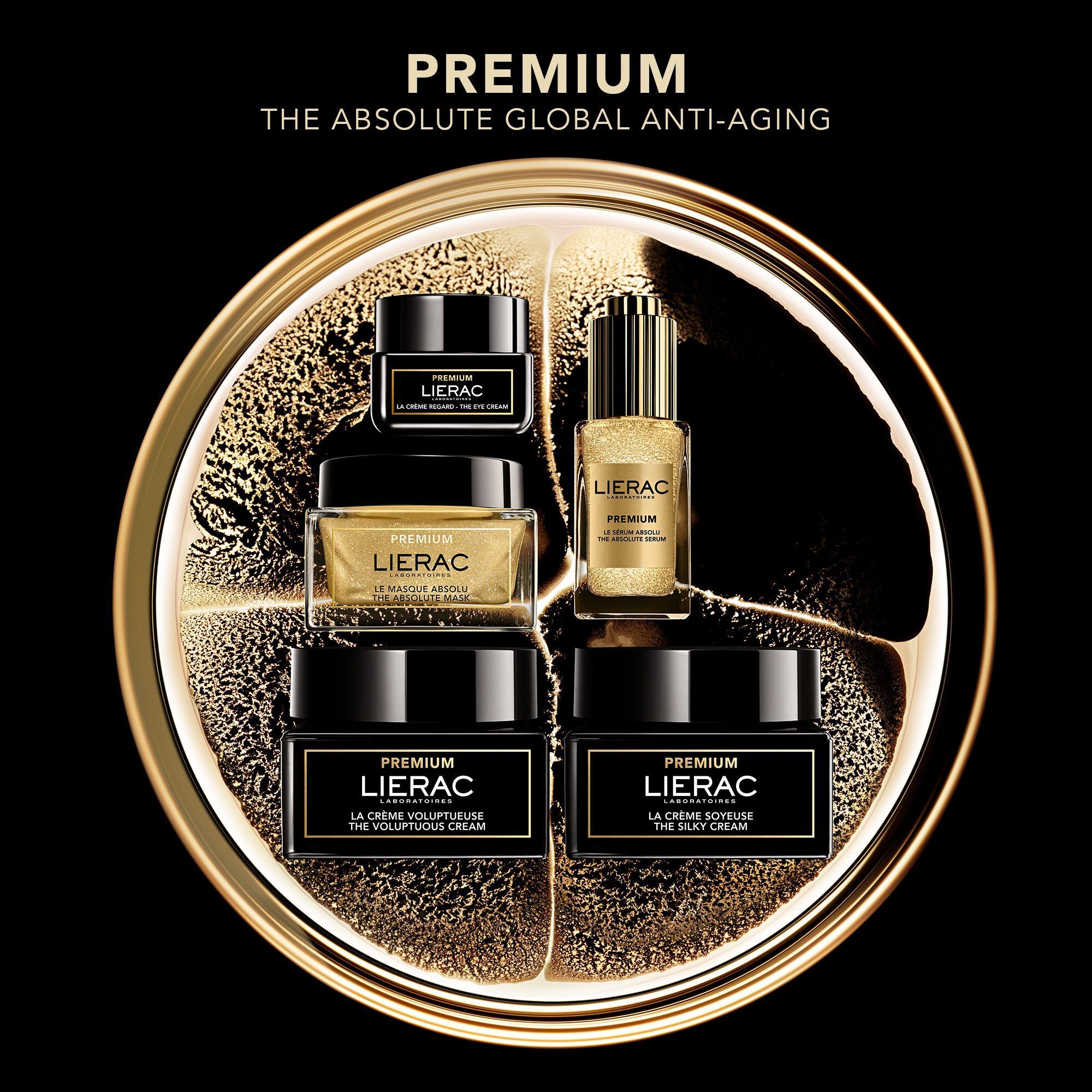 Verschillende Lierac Premium producten in een gouden cirkel. Producten: Le Masque Absolu, La Crème Voluptueuse, La Crème Soin.