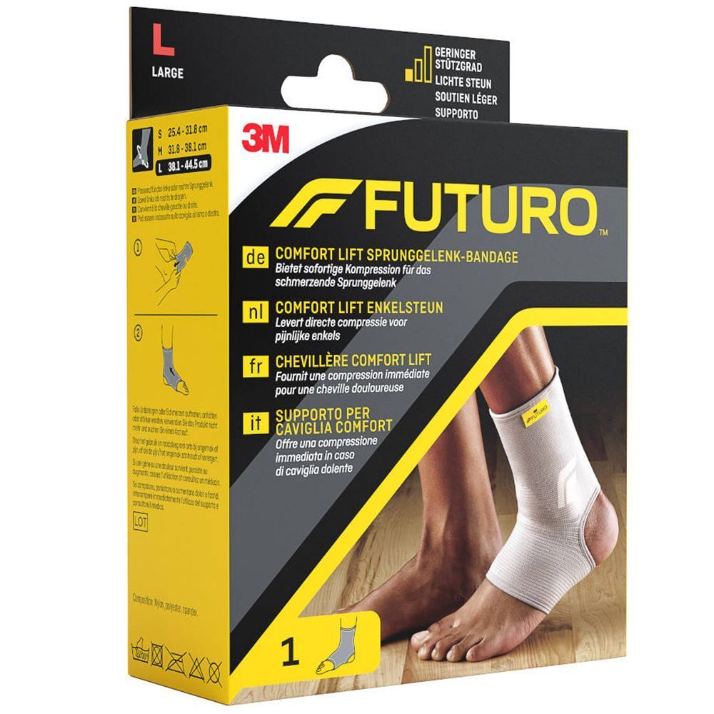 Boîte de FUTURO™ Chevillère Comfort Lift. Taille L. Logo 3M. Nom et description du produit en allemand, néerlandais, français et italien.