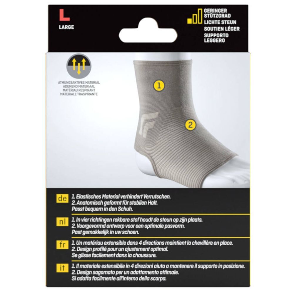 FUTURO™ Chevillère Comfort Lift. Forme anatomique. Matière élastique. Descriptions en allemand, néerlandais, français et italien.