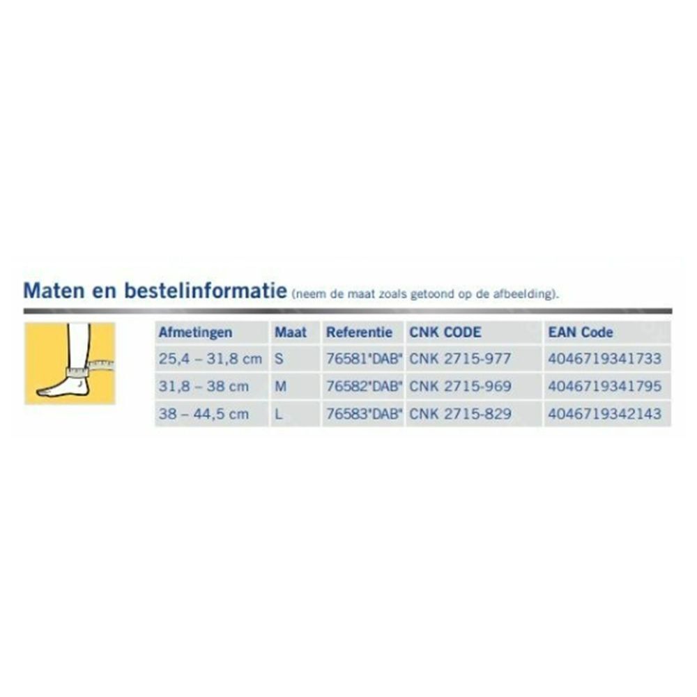 Maat- en bestelinformatie voor FUTURO™ Chevillère Comfort Lift. Maten S, M, L. Referentienummers en EAN-codes.