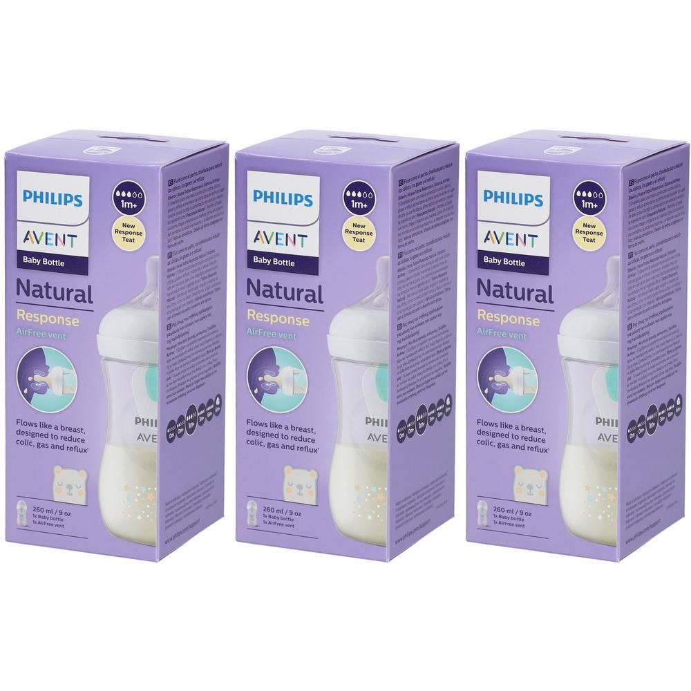 Drie paarse dozen met babyflessen. Op de dozen staat "PHILIPS AVENT Natural Response".