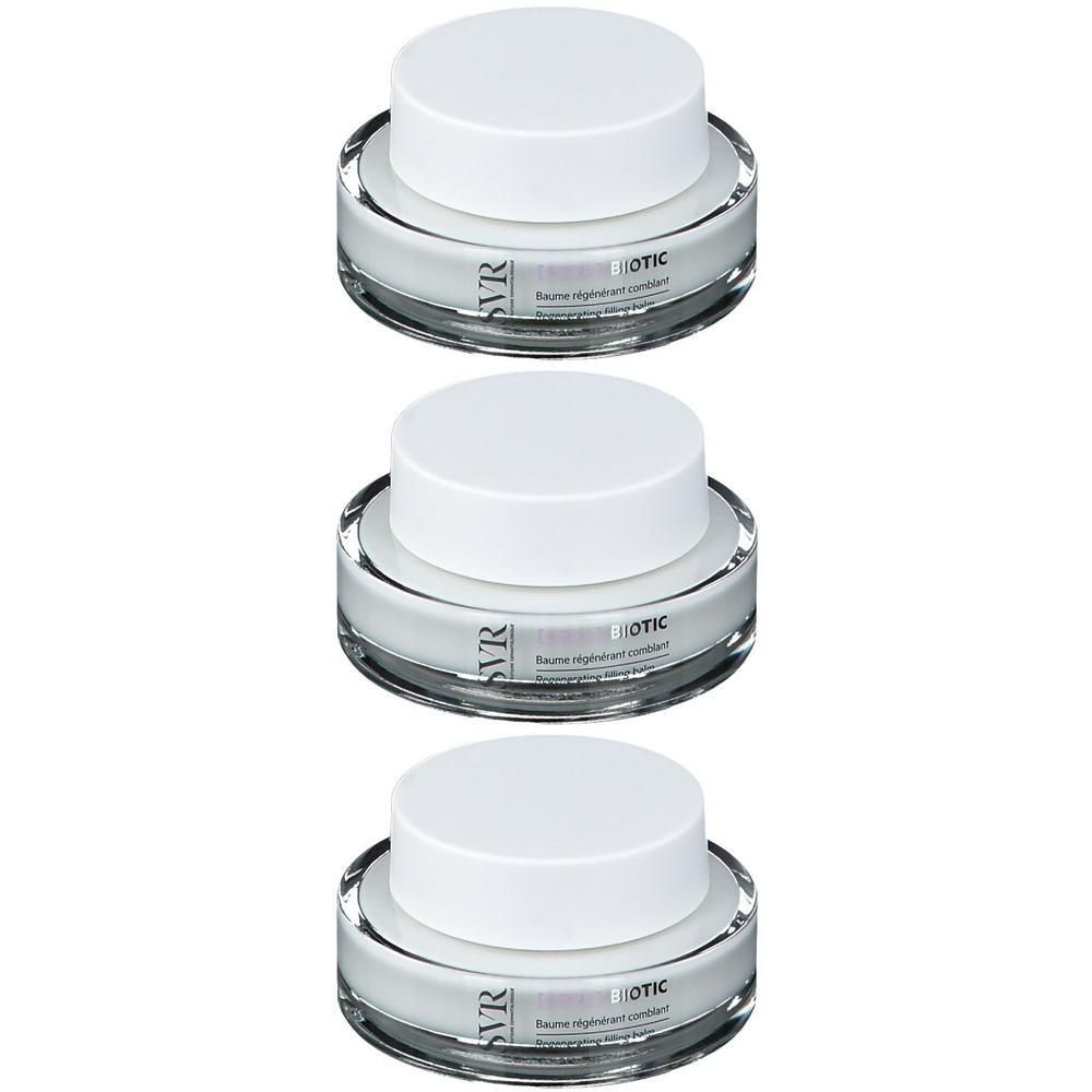 Trois pots avec couvercles blancs et verre transparent. La marque SVR et le mot Biotic sont visibles sur les pots.