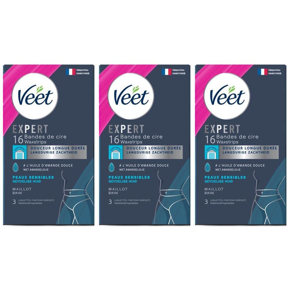 Trois boîtes de Veet Expert Bandes de cire maillot. 16 bandes par boîte. Emballage bleu et rose.
