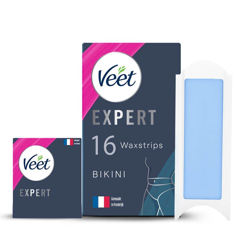 Veet Expert Waxstrips verpakking, 16 stuks, met een verpakking en een waxstrip. Franse vlag.