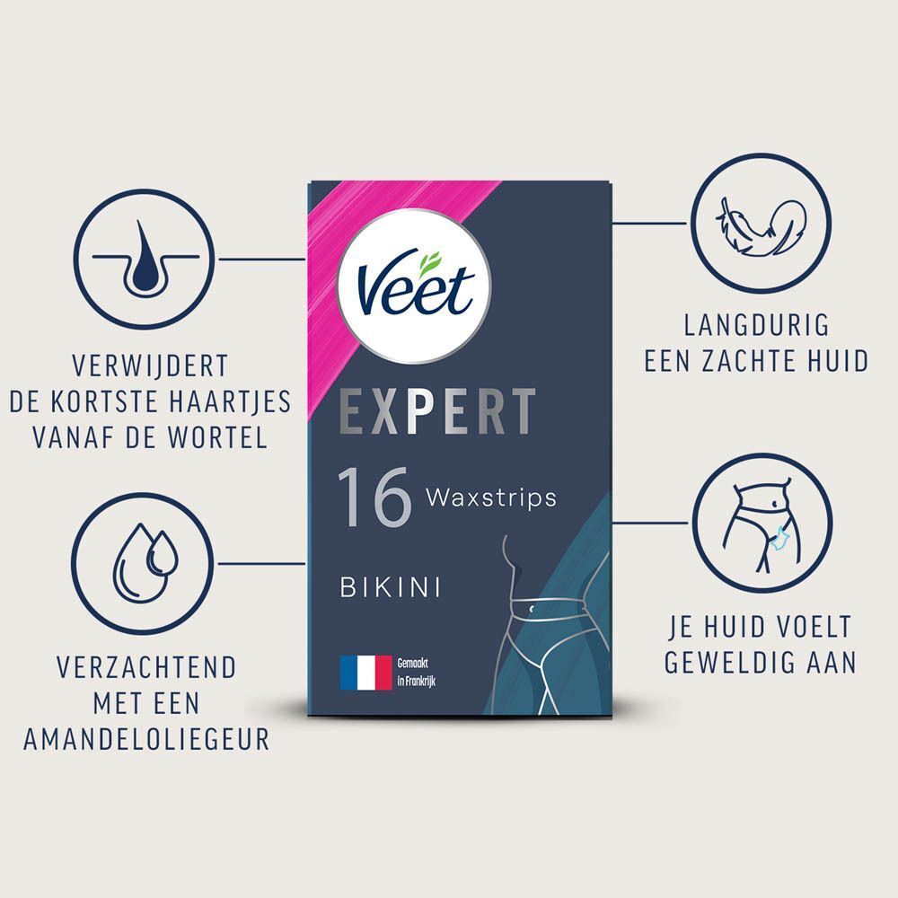 Veet Expert Waxstrips verpakking met iconen. Verwijdert korte haartjes, verzacht, langdurig, zachte huid.