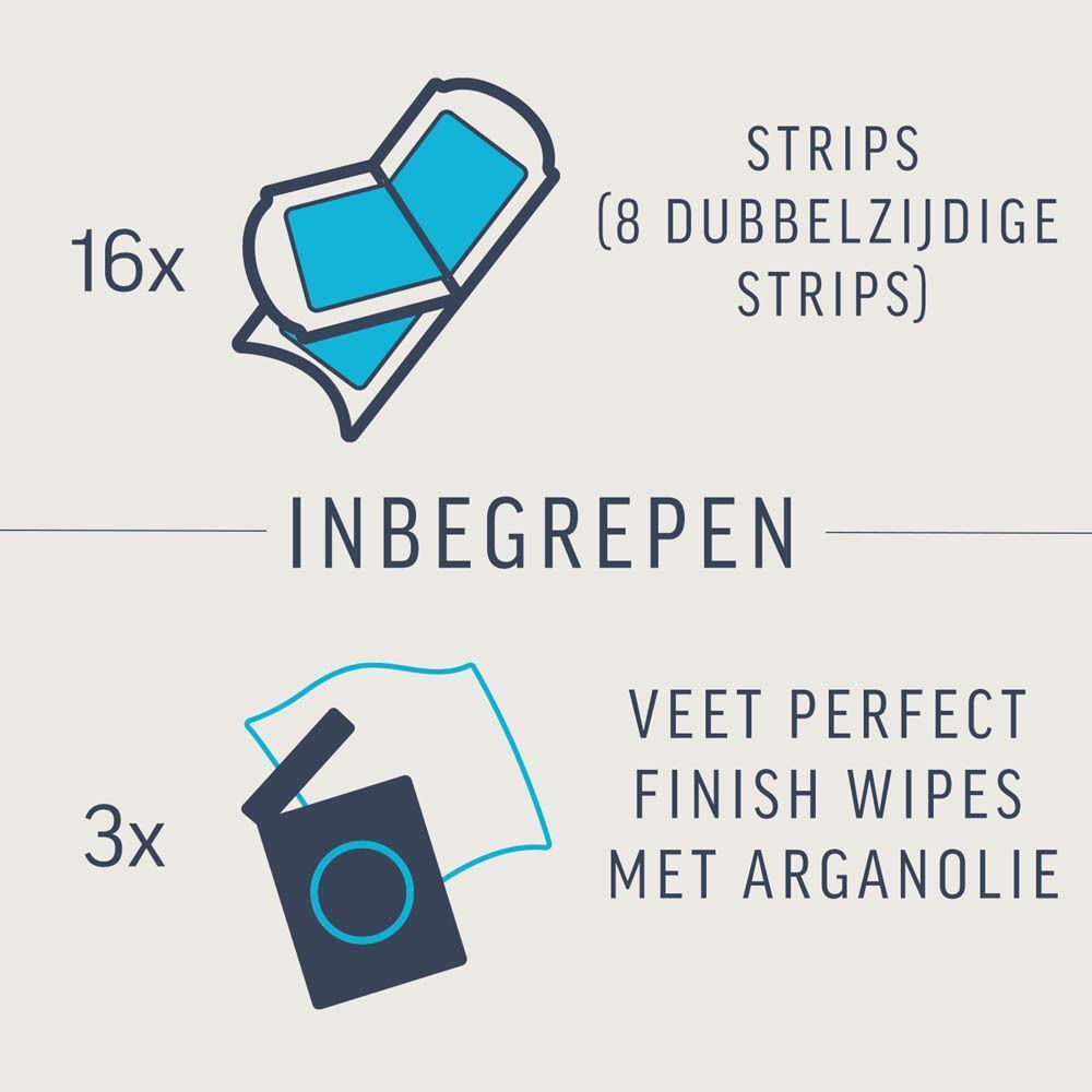16 Waxstrips (8 dubbelzijdige). 3 Veet Perfect Finish doekjes met arganolie.