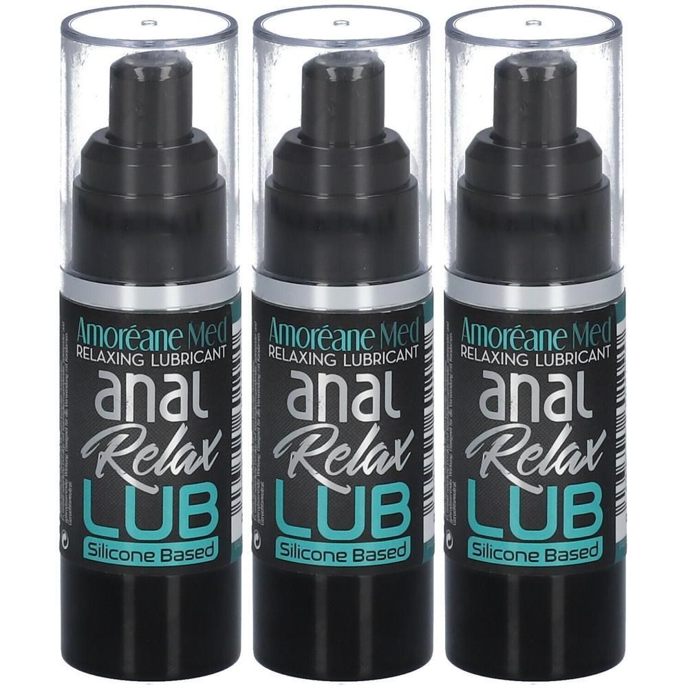 Drie zwarte flacons met transparante doppen. Tekst: "Amoréane Med Relaxing Lubricant anal Relax LUB Silicone Based". 