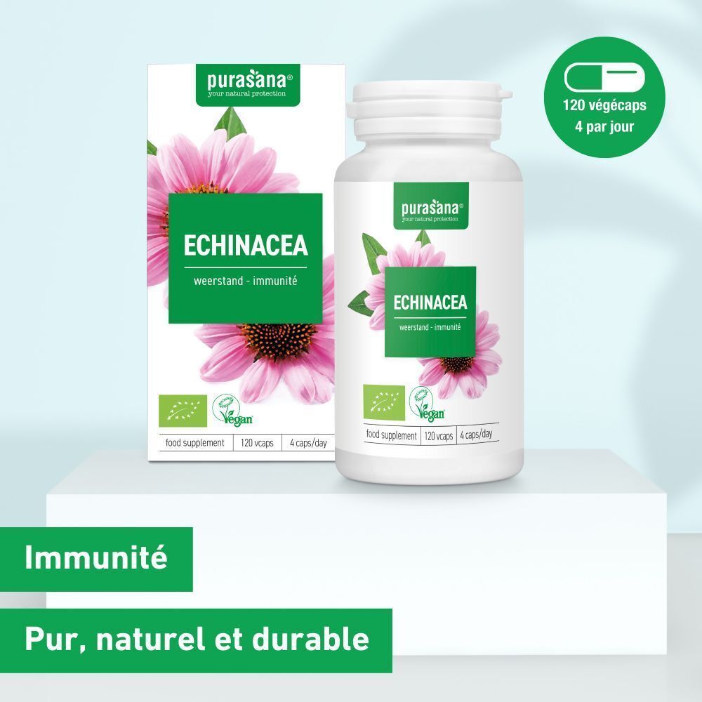 Emballage du produit avec flacon et boîte. Inscription : Echinacea, 120 gélules, vegan. Design vert et rose avec fleur. Texte : Immunité.