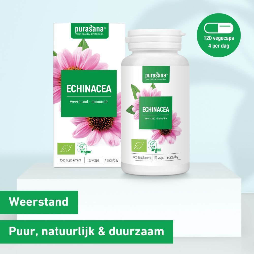 Productverpakking met fles en doos. Opschrift: Echinacea, 120 capsules, vegan. Groen-roze design met bloem. Tekst: Weerstand.