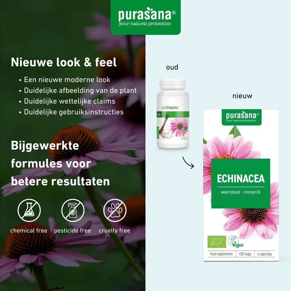 Vergelijking van oude en nieuwe productverpakking. Opschrift: Echinacea, vegan. Groen-roze design met bloem. Tekst: Nieuwe look & feel.