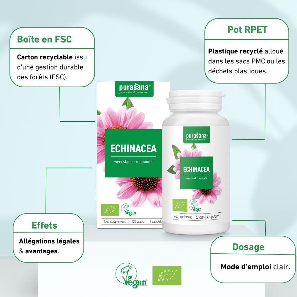 Emballage du produit avec flacon et boîte. Inscription : Echinacea, vegan. Design vert et rose avec fleur. Texte : Boîte en FSC, Pot RPET.