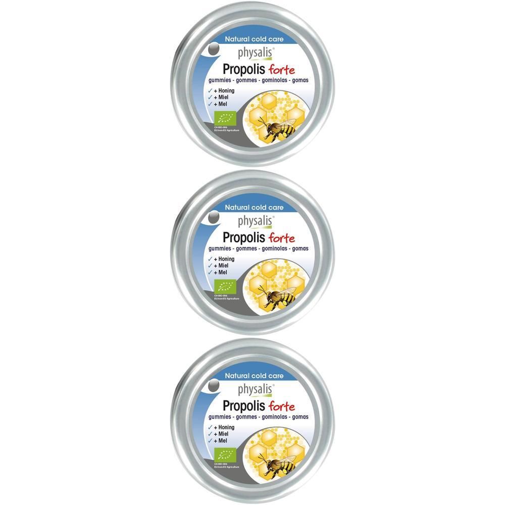 Drie ronde potten met de productnaam Propolis forte. Opschrift: physalis, Honing, Mel. Bio-certificering.
