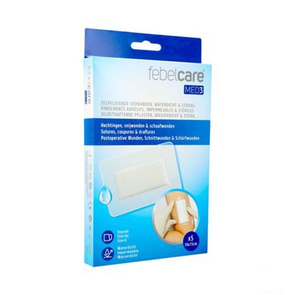 Verpakking van FEBELCARE MED3. Blauwe doos met productafbeelding en tekst. Bevat 5 steriele, waterdichte pleisters.