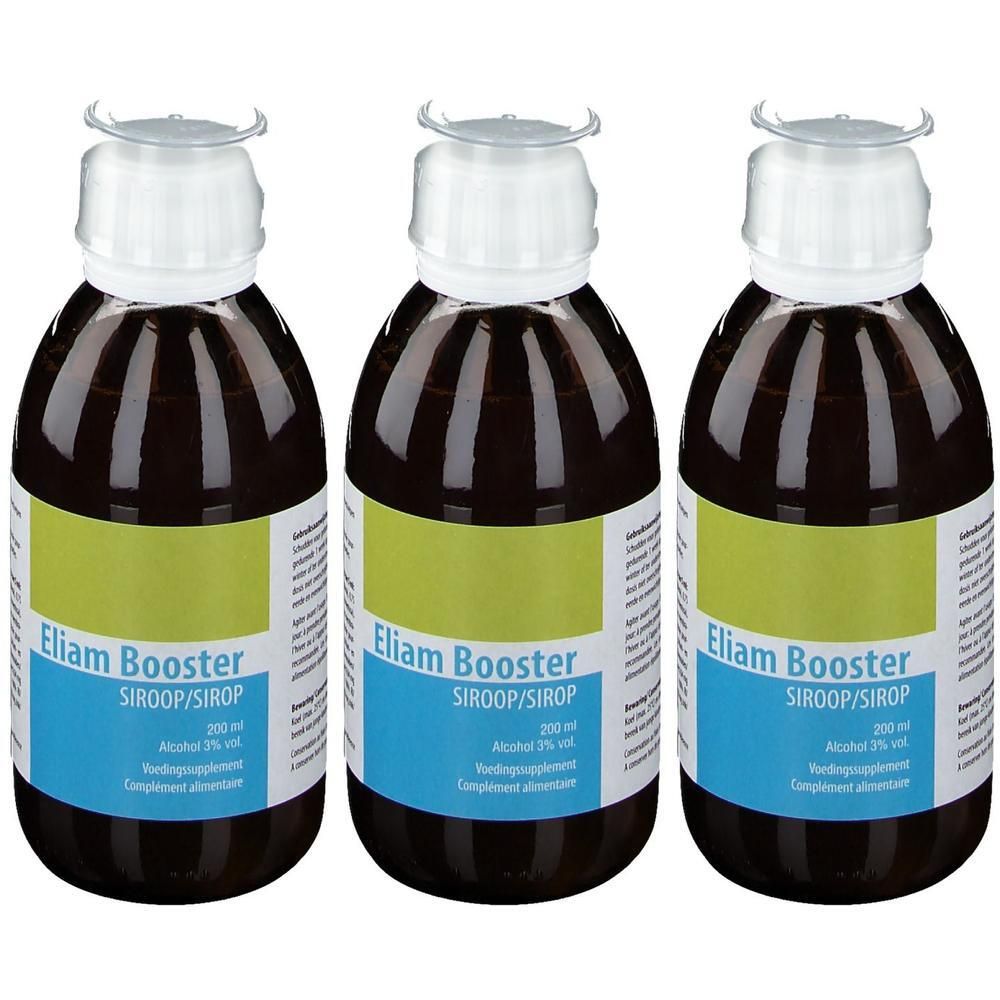 Drie flessen bruine vloeistof. Op de etiketten staat "Eliam Booster". De flessen hebben witte doppen en groene/blauwe etiketten.