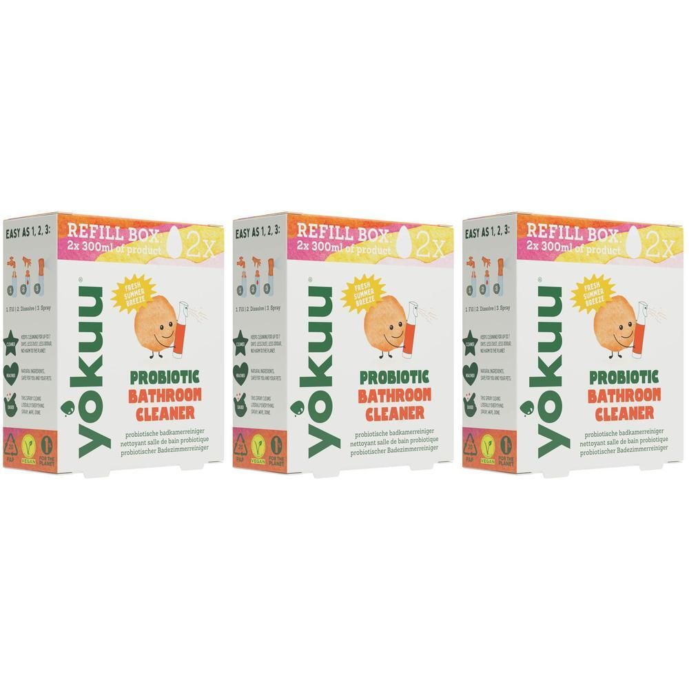 Drie dozen YOKUU Probiotic Bathroom Cleaner. Witte verpakking met logo, illustratie en tekst. "REFILL BOX".