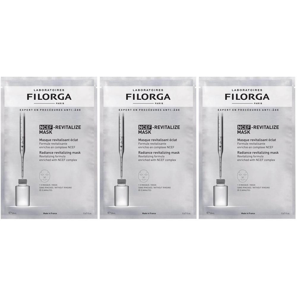 Drie FILORGA NCEF-REVITALIZE MASK-verpakkingen. Witte zakjes met productinformatie en afbeelding.