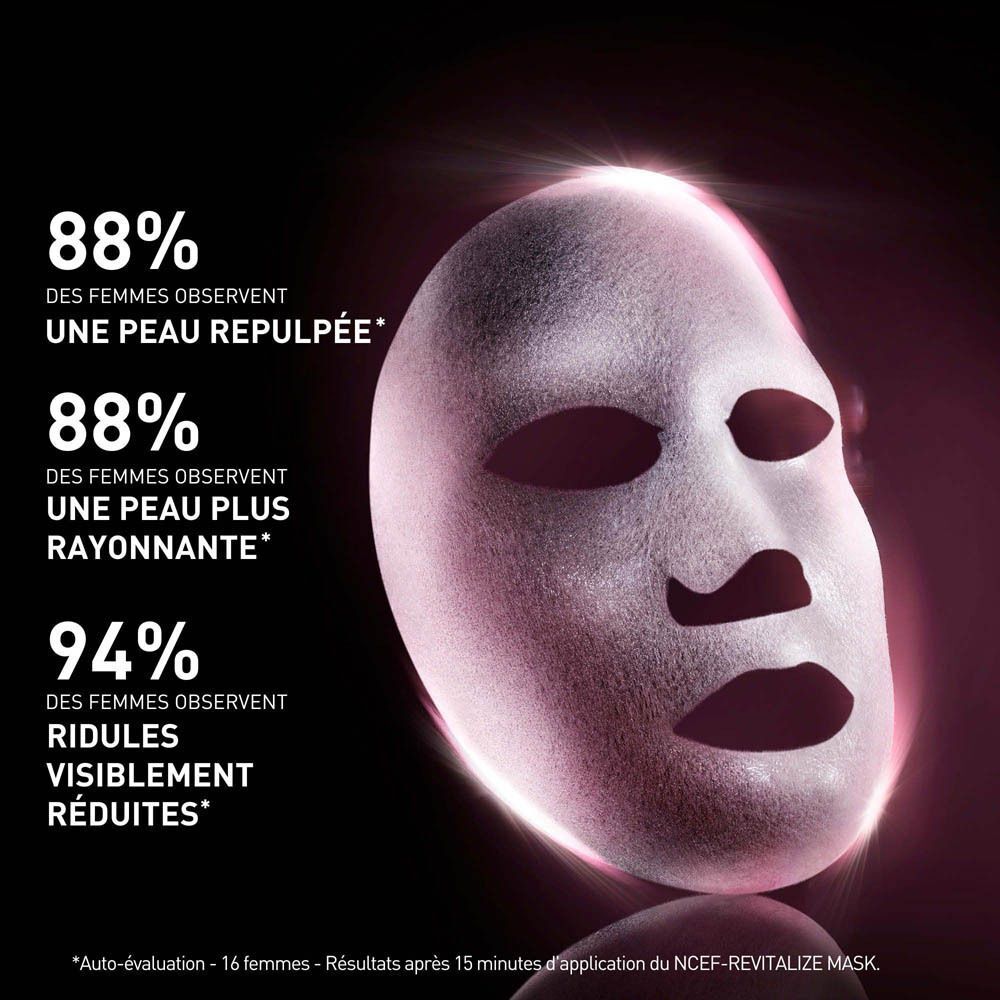 Masque facial sur fond noir. Texte : 88% des femmes observent une peau repulpée.