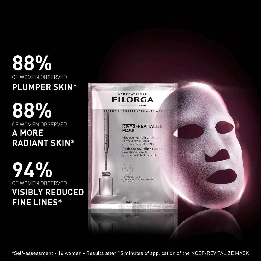 Masque facial et emballage sur fond noir. Texte : 88% des femmes observent une peau plus rayonnante.