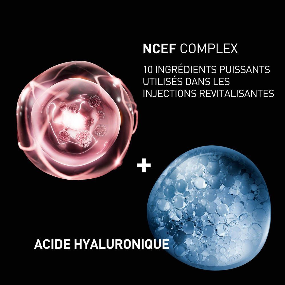 Deux représentations rondes d'ingrédients. Texte : Complexe NCEF et acide hyaluronique.