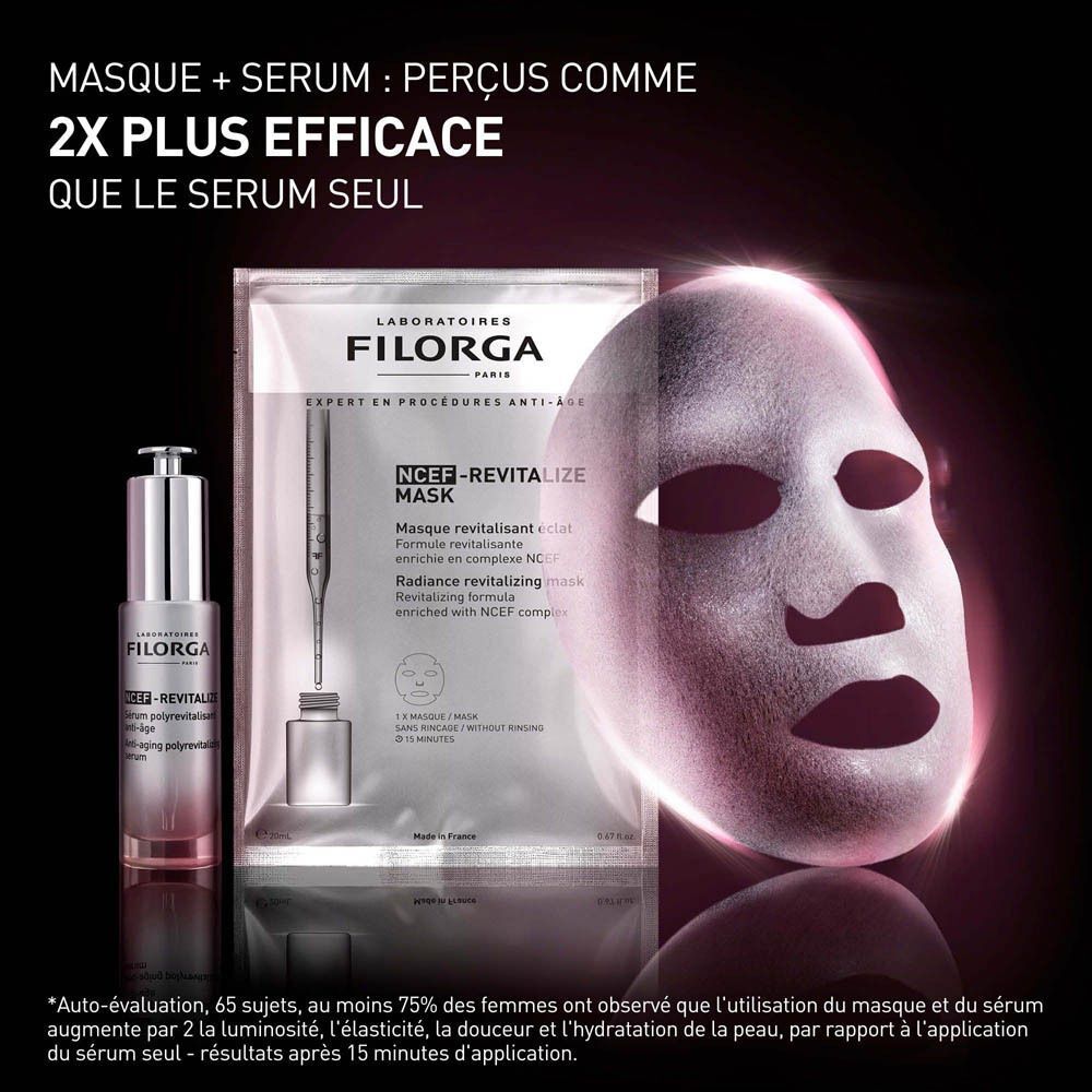 Masque facial, sérum et emballage sur fond noir. Texte : 2x plus efficace que le sérum seul.