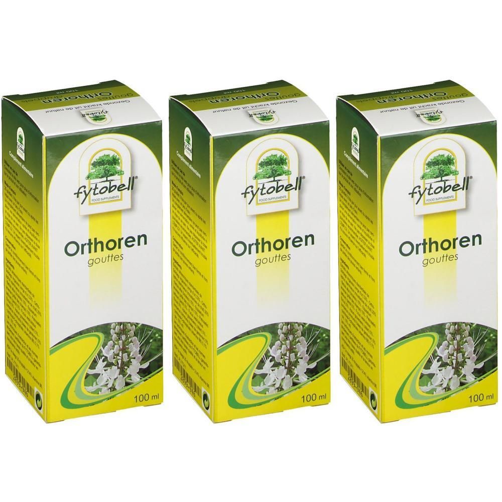 Trois boîtes de Fytobell Orthoren. Emballage blanc et jaune avec nom et logo du produit. 100 ml.