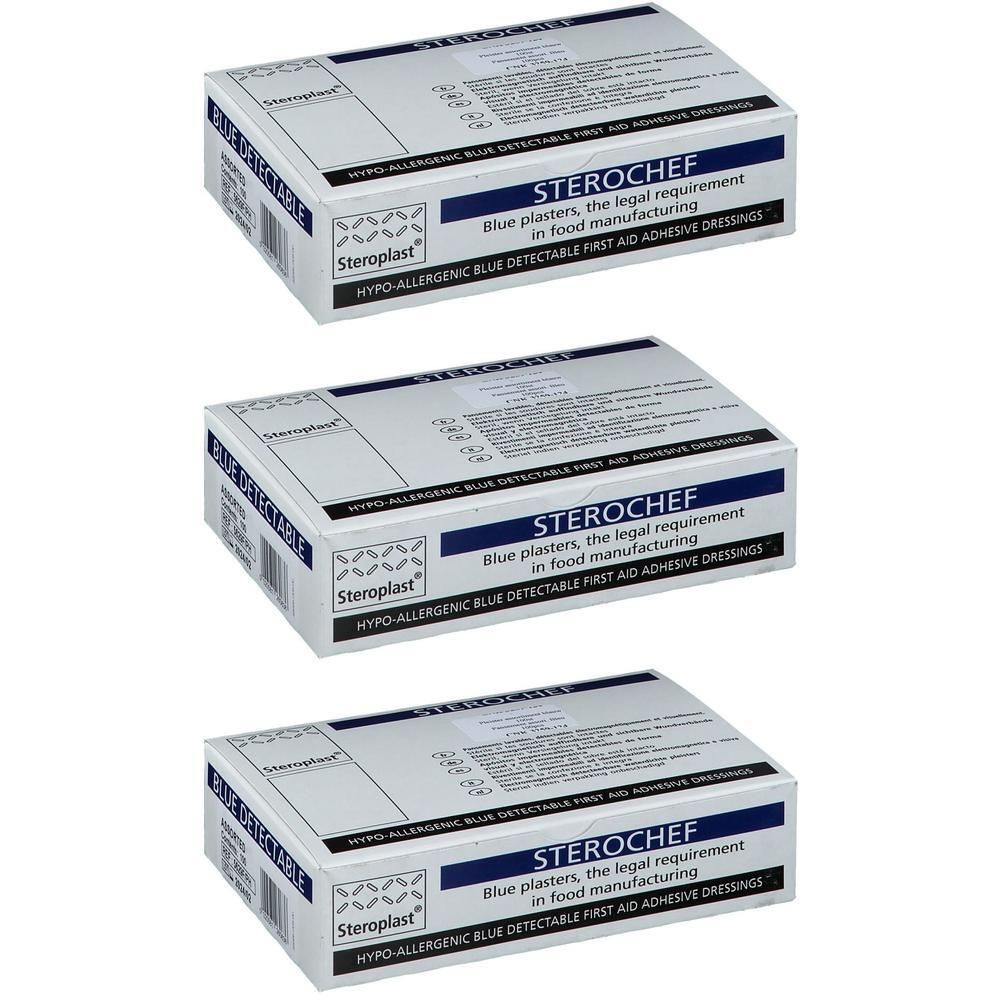 Drie dozen STEROCHEF pleisters. Blauwe pleisters, wettelijke vereiste in de voedingsindustrie. Hypoallergeen.