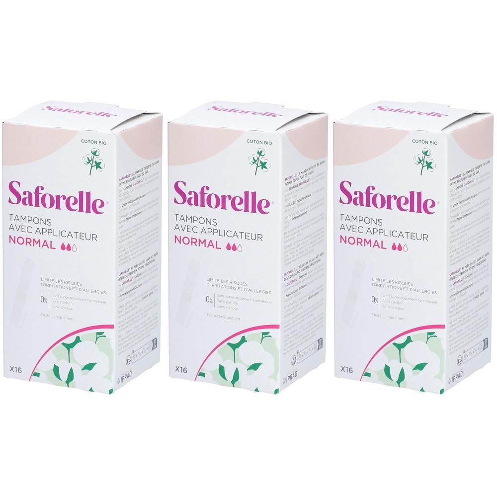 Trois boîtes de tampons Saforelle avec applicateur Normal. Emballage avec motif floral et informations produit.