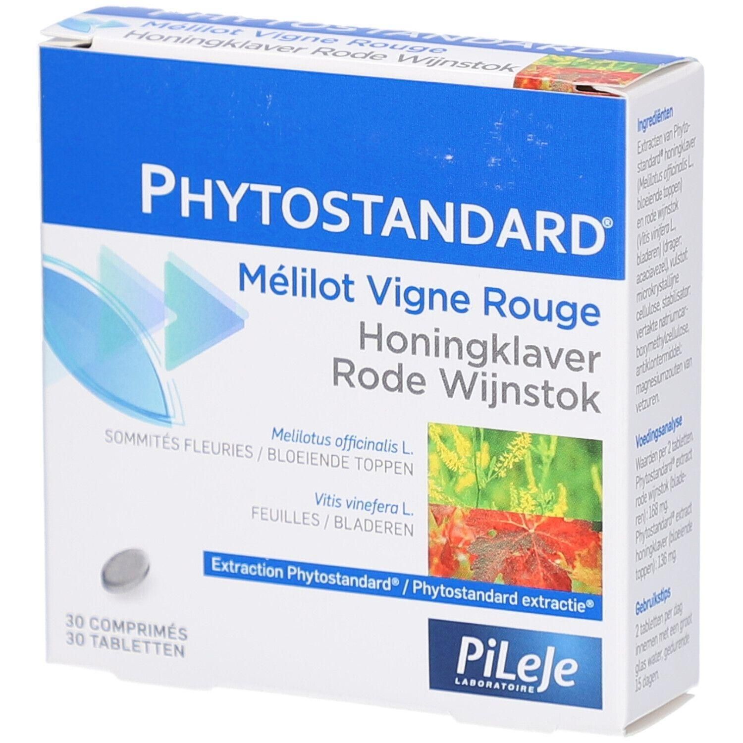 Doosje met tabletten. Opschrift: PHYTOSTANDARD Mélilot Vigne Rouge. Bevat 30 tabletten. Merk: PiLeJe.