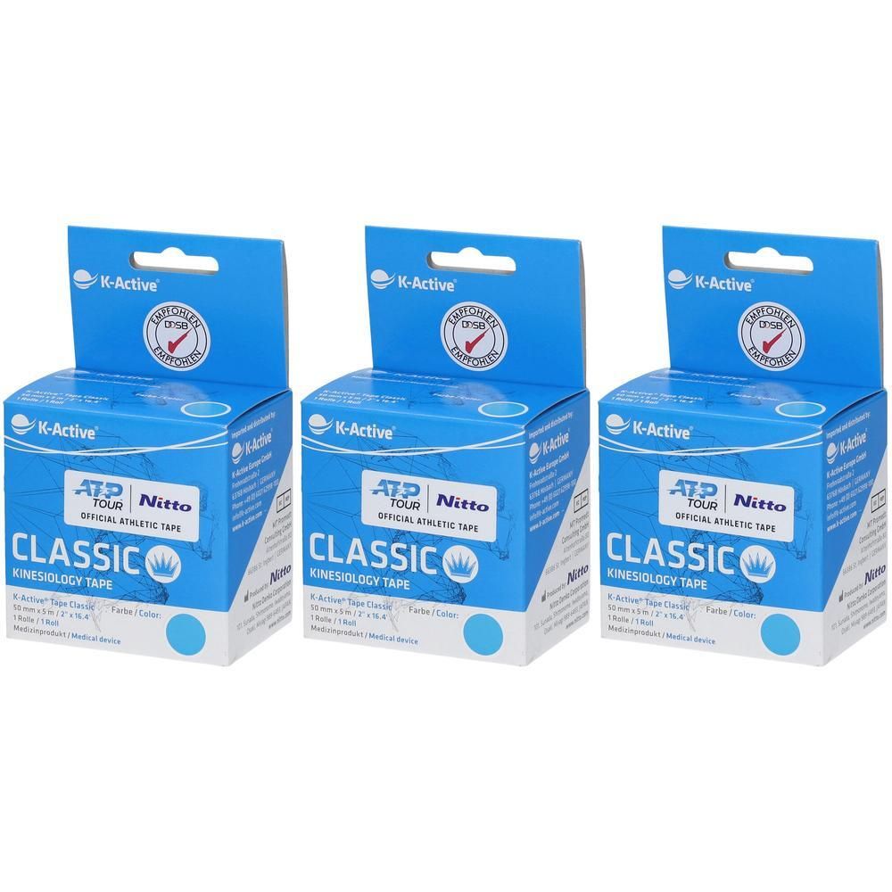 Drie blauwe dozen met K-Active Classic Kinesiology Tape. Opschriften: ATP Tour, Nitto, Classic, Kinesiology Tape. Met K-Active logo.