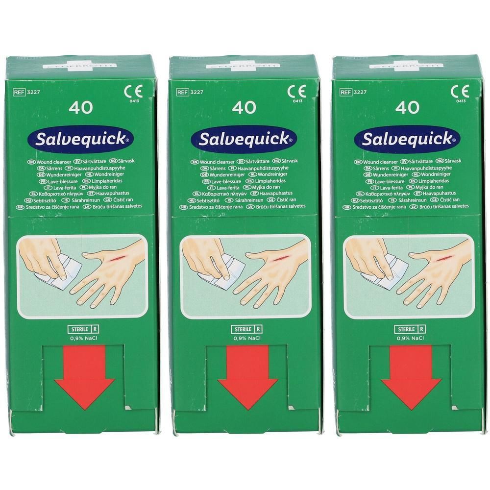 Drie groene dozen met "Salvequick". Elke doos toont een hand met een pleister. CE-markering.