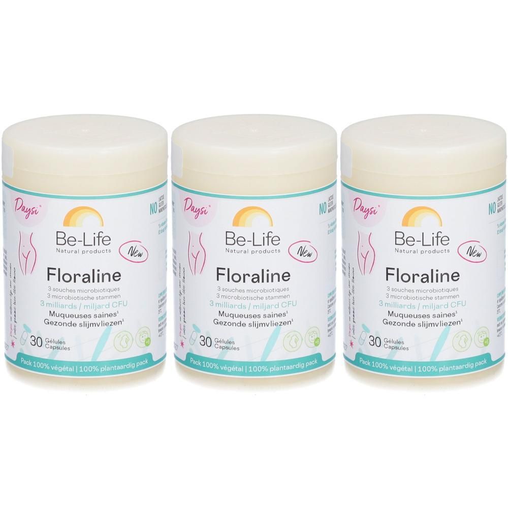 Trois boîtes cylindriques avec couvercles. Inscription: Be-Life Floraline. 30 gélules. Impression: Muqueuses saines, Gezonde slijmvliezen.