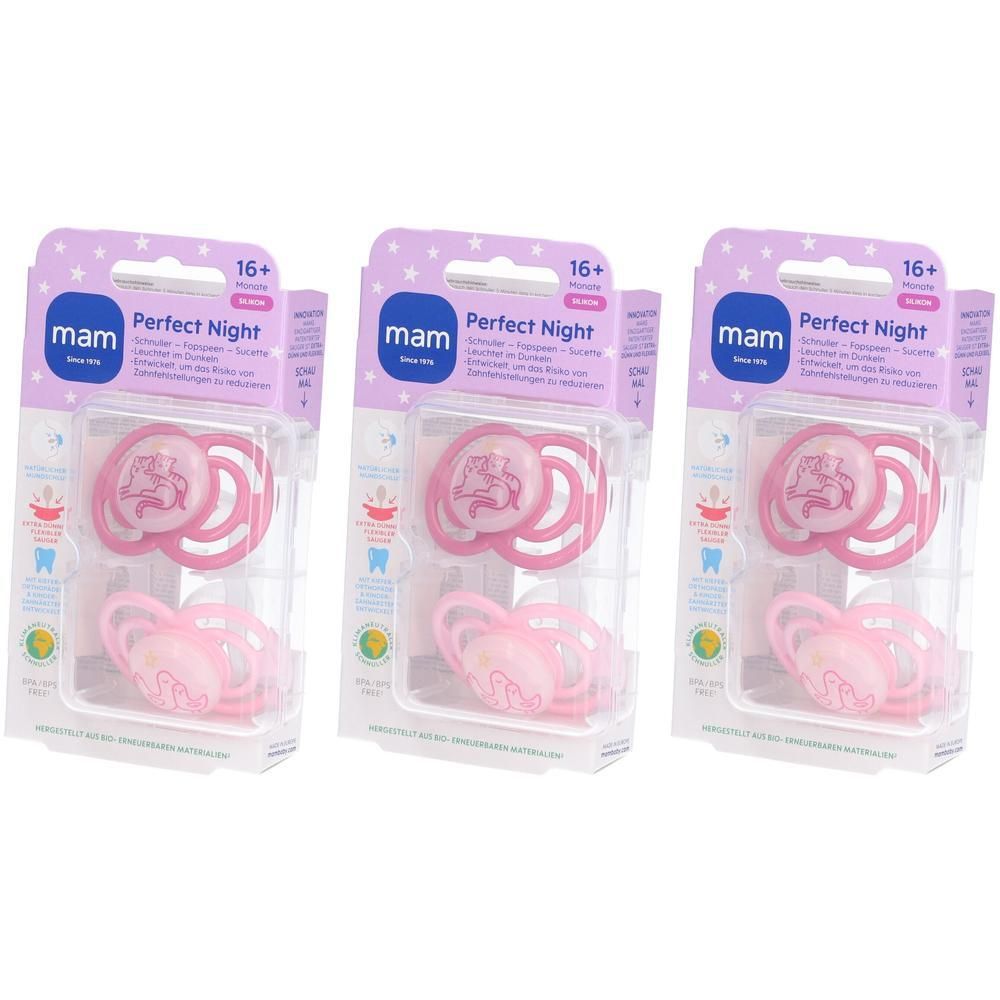Trois emballages de sucettes. Emballage avec sucettes roses, marque MAM Perfect Night, pour 16+ mois. Sucettes roses visibles.