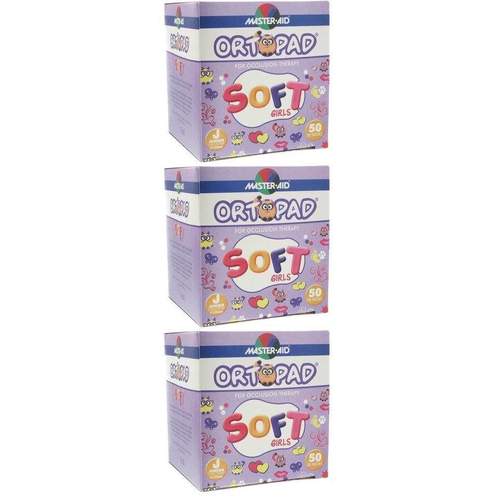 Trois boîtes d'Ortopad Soft Girls Junior. Chaque boîte affiche le nom de la marque et l'inscription "SOFT GIRLS". Contient 50 pièces.