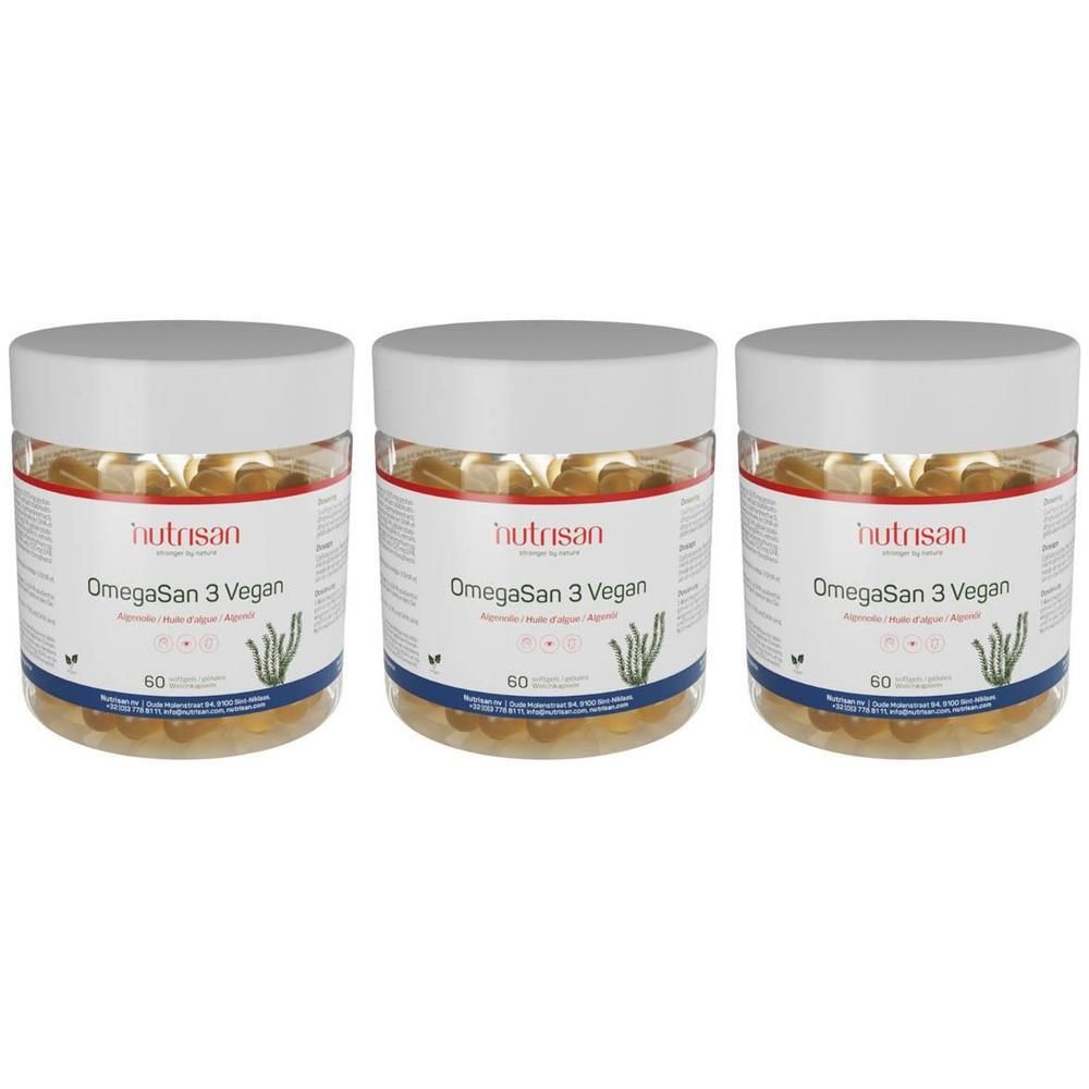 Trois pots en plastique transparent avec couvercles blancs. Étiquettes "Nutrisan OmegaSan 3 Vegan" et 60 gélules.