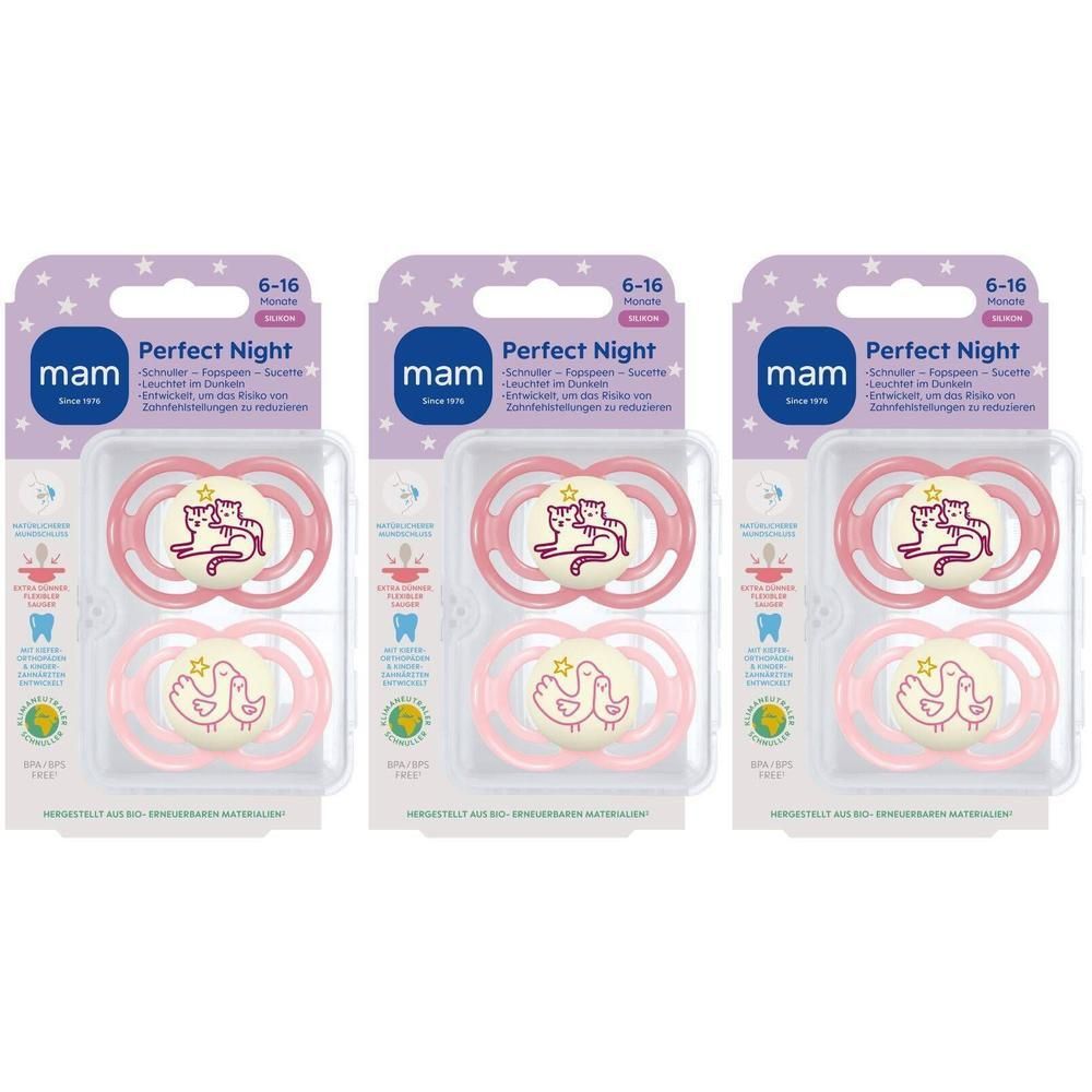 Drie verpakkingen fopspenen. Roze siliconen speen, transparante plastic verpakking. Merk MAM, Perfect Night, 6-16 maanden.