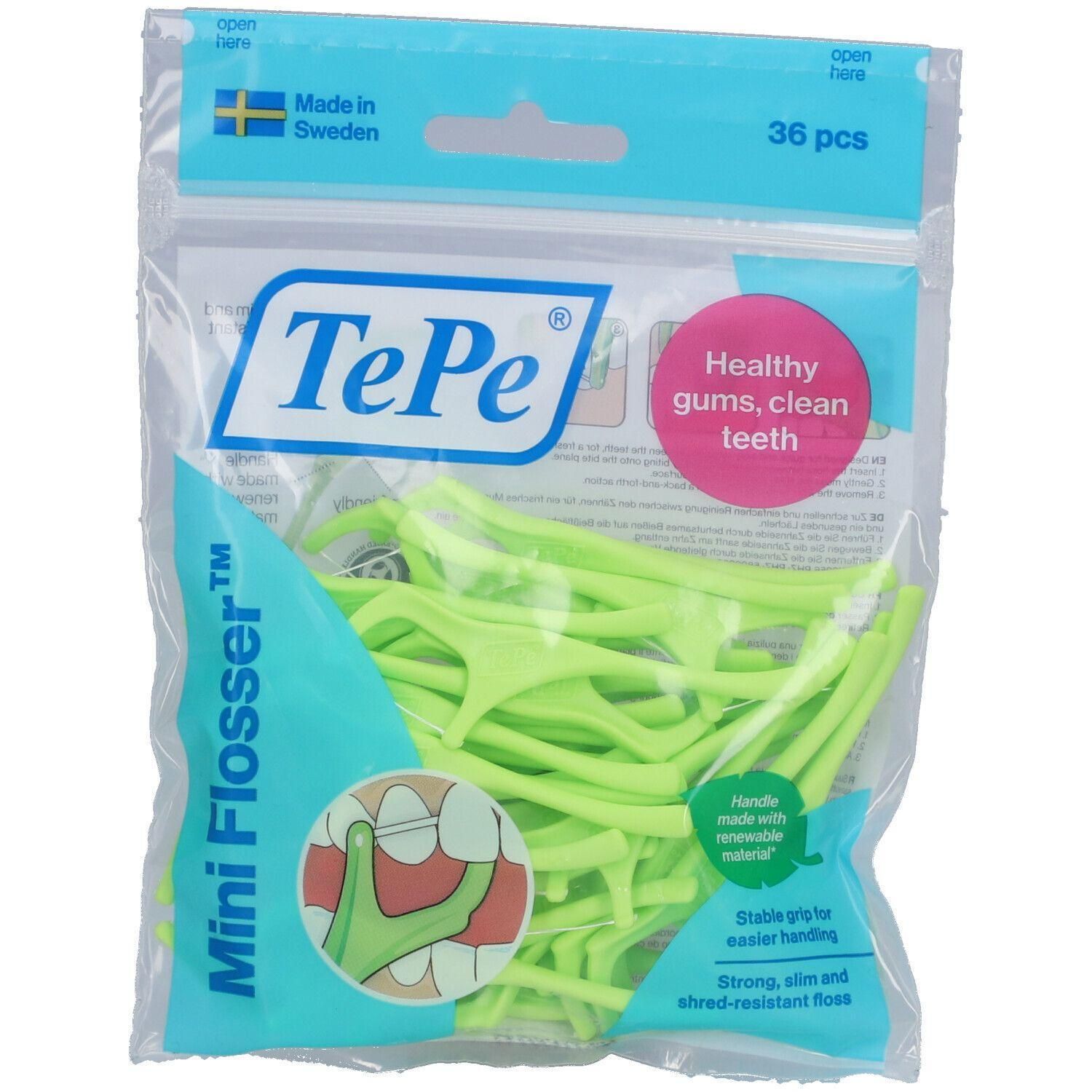Verpakking met groene TePe Mini Flosser. 36 stuks. Opschrift: Healthy gums, clean teeth. Gemaakt in Zweden.