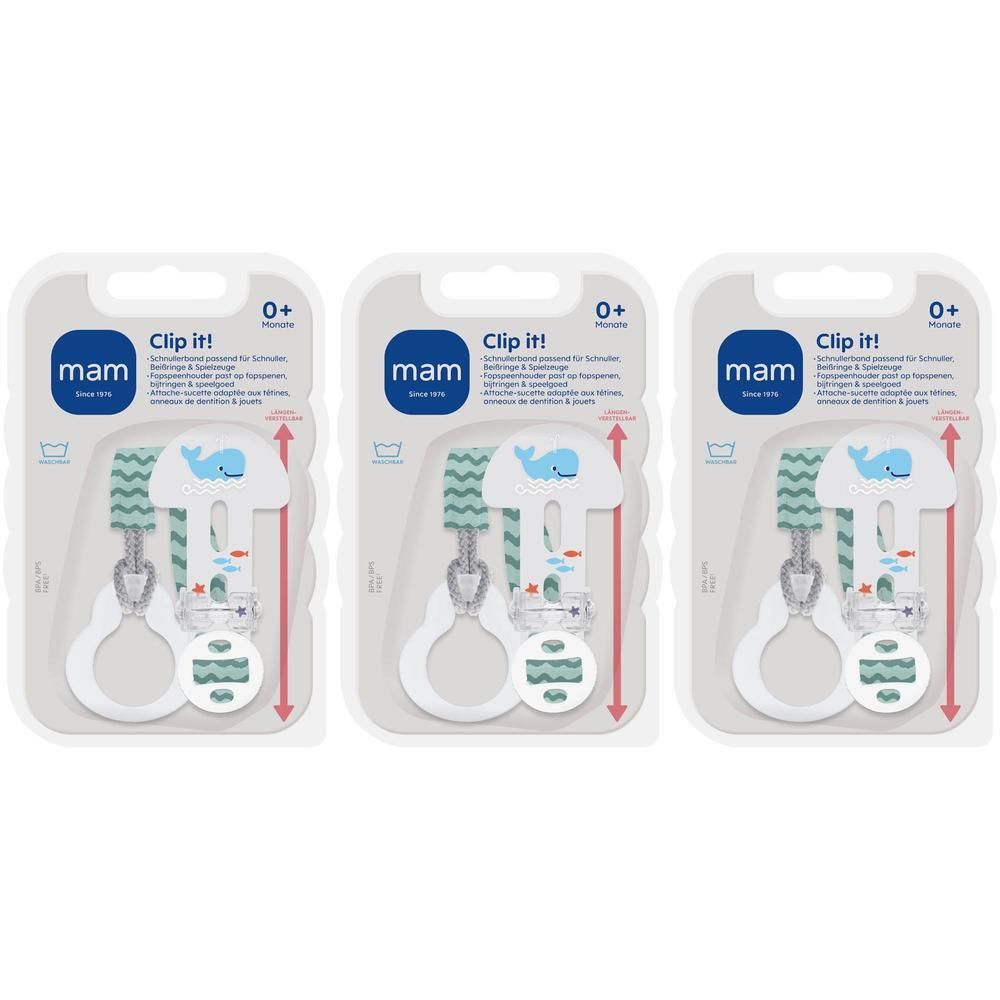 Trois attaches-sucettes MAM Clip-it! en emballage. Clip blanc, motif baleine bleue, texte: Clip it!, MAM.