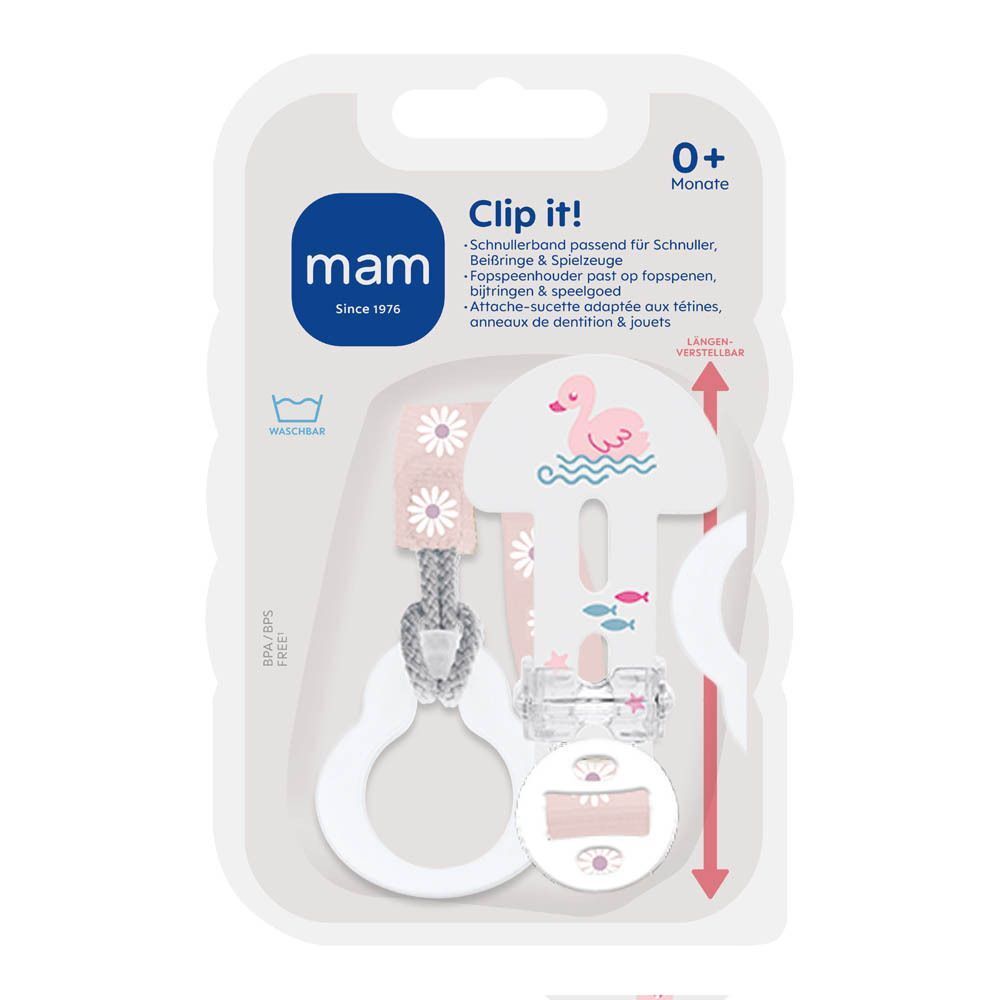 MAM Clip-it! fopspeen in verpakking. Witte clip, roze flamingo motief, tekst: Clip it!, MAM.