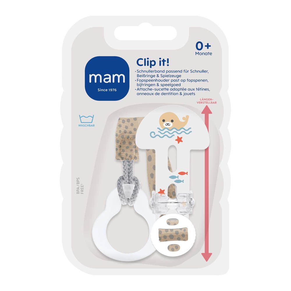 Attache-sucette MAM Clip-it! en emballage. Clip blanc, motif phoque, texte: Clip it!, MAM.