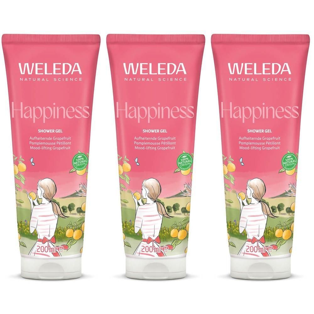 Trois tubes de gel douche roses "Weleda Happiness". Illustration d'une personne et de fruits.