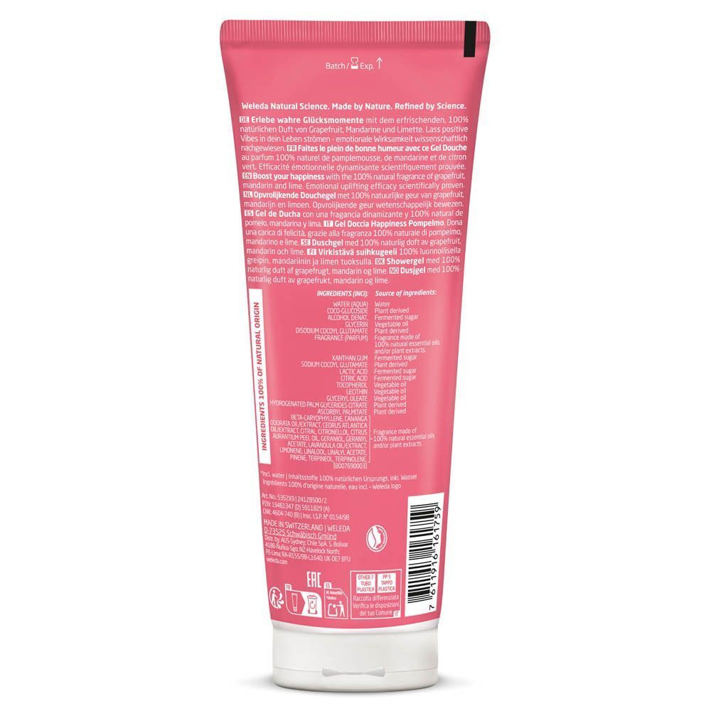 Dos d'un tube de gel douche rose. Texte multilingue, ingrédients et logos.
