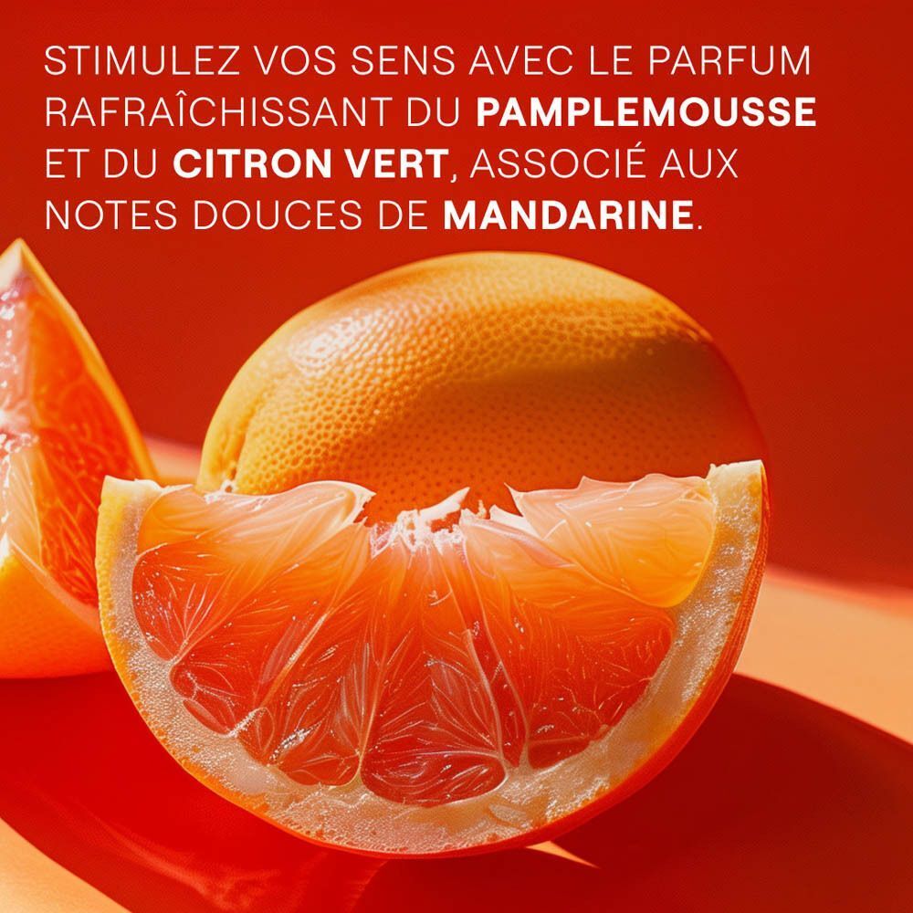 Gros plan d'une moitié de pamplemousse et d'une tranche. Texte : "Stimulez vos sens..."