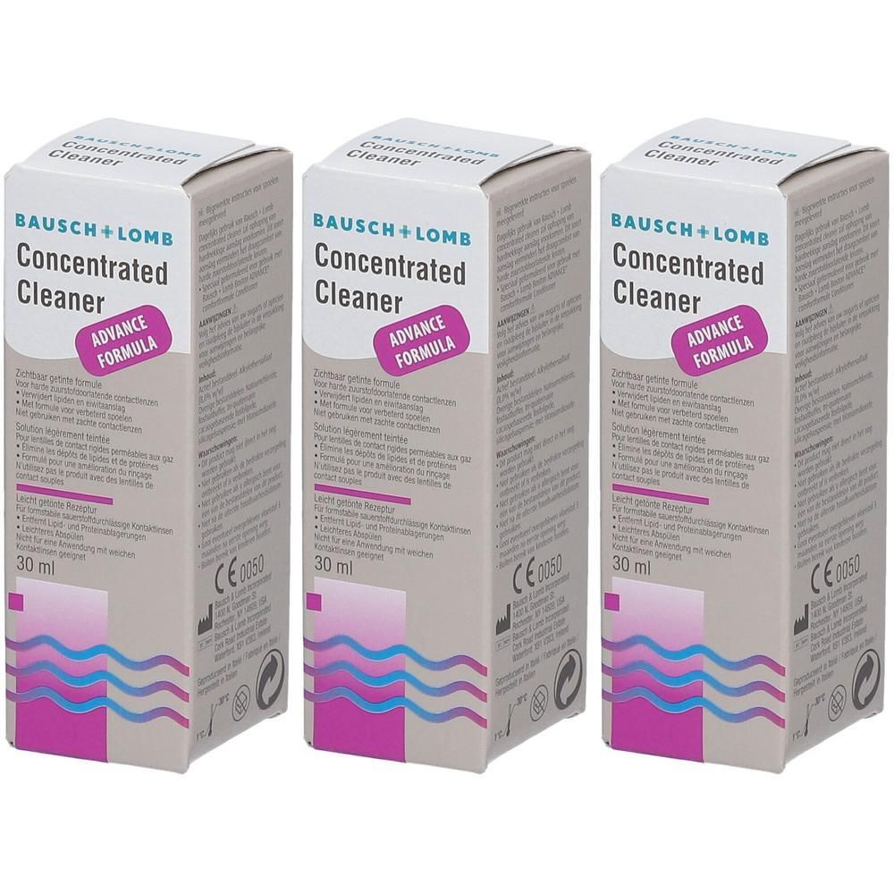 Drie dozen Bausch + Lomb Concentrated Cleaner. Opschrift: Advance Formula, 30 ml. CE-markering.