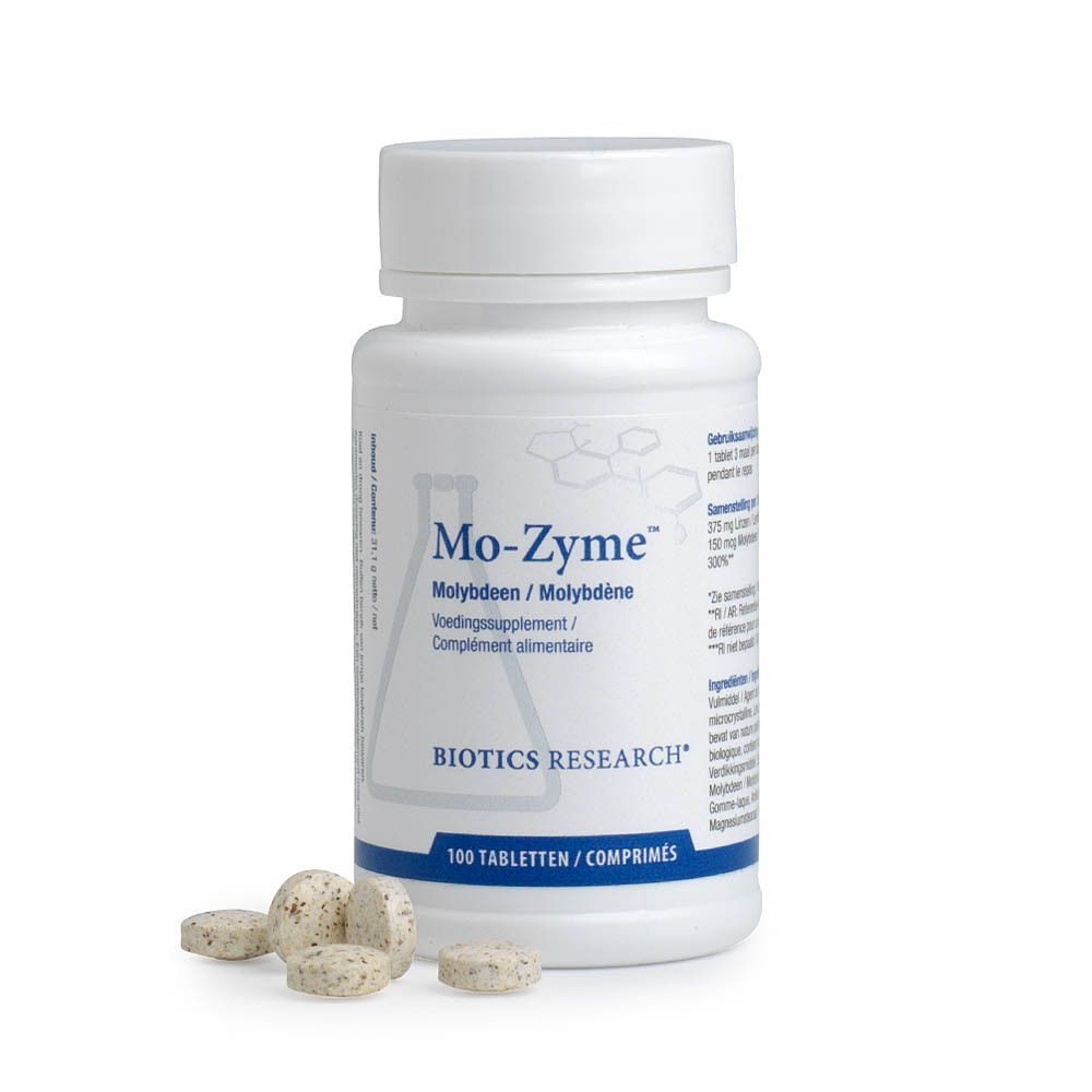 Witte fles Biotics Research Mo-Zyme met 100 tabletten. Enkele tabletten ernaast. Opschrift: Molybdeen. Productnaam en logo.